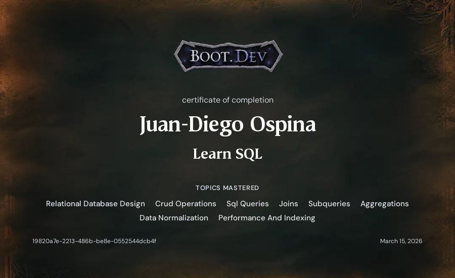 Juan-Diego Ospina's Boot.dev Learn SQL certificate