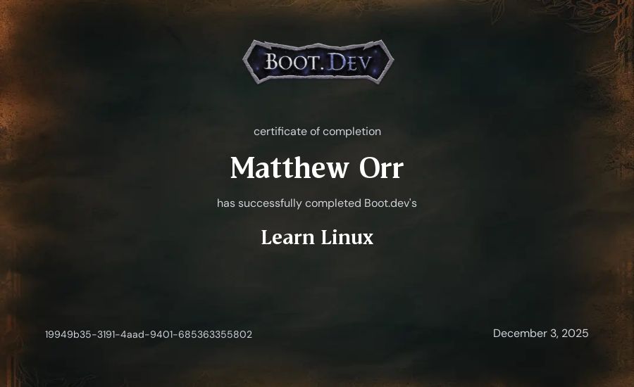 Matthew Orr's Boot.dev Learn Linux certificate