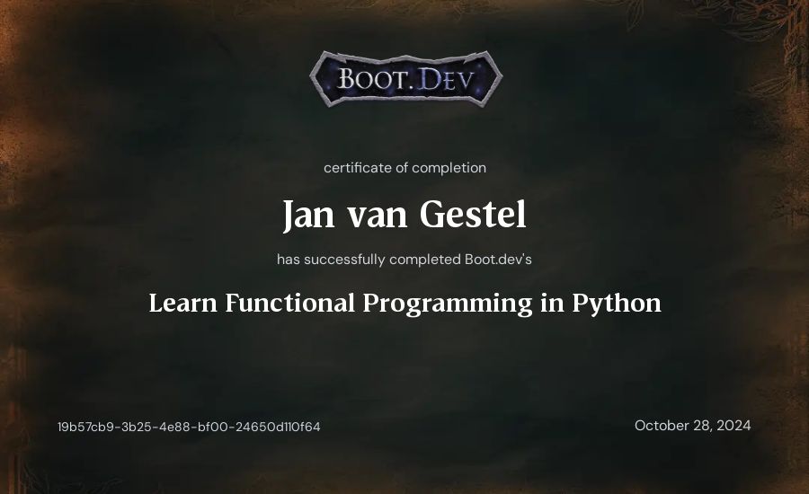 Jan van Gestel's Boot.dev Learn Functional Programming in Python certificate