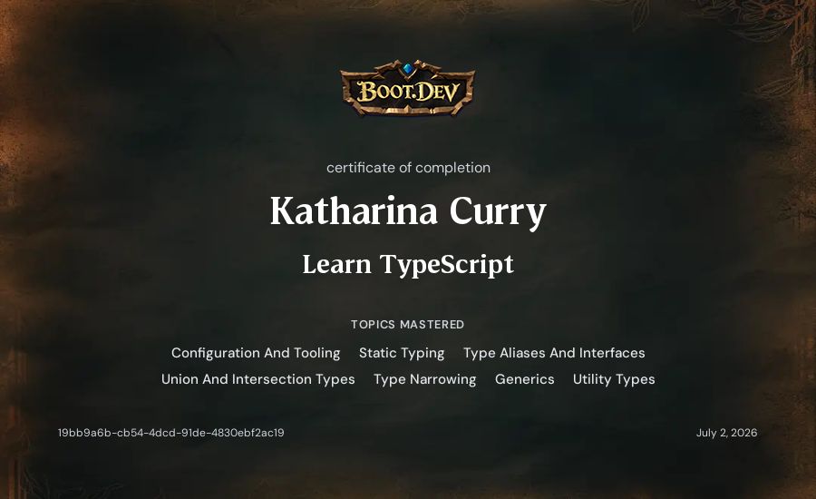 Katharina Curry's Boot.dev Learn TypeScript certificate