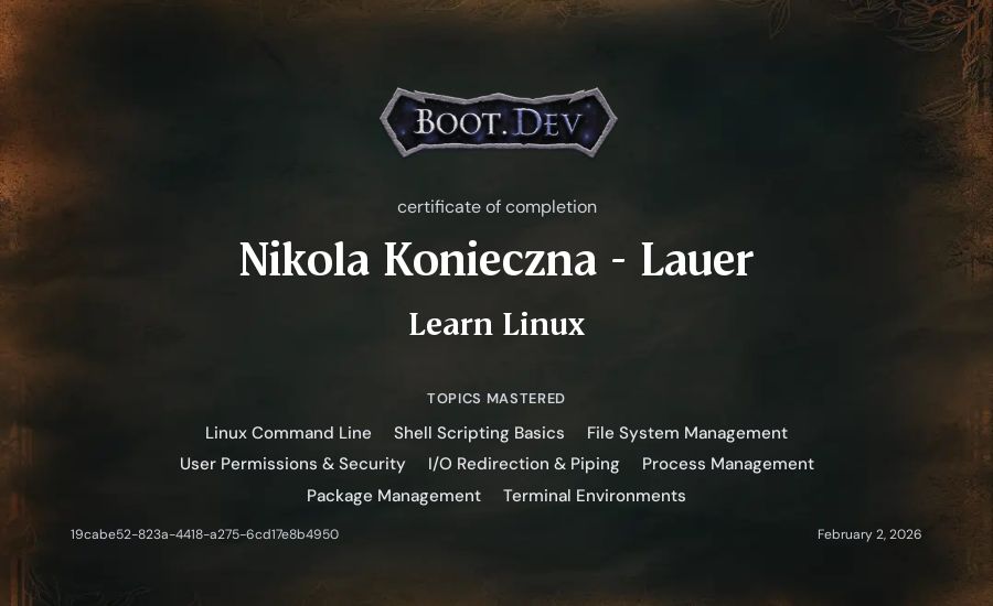 Nikola Konieczna - Lauer's Boot.dev Learn Linux certificate