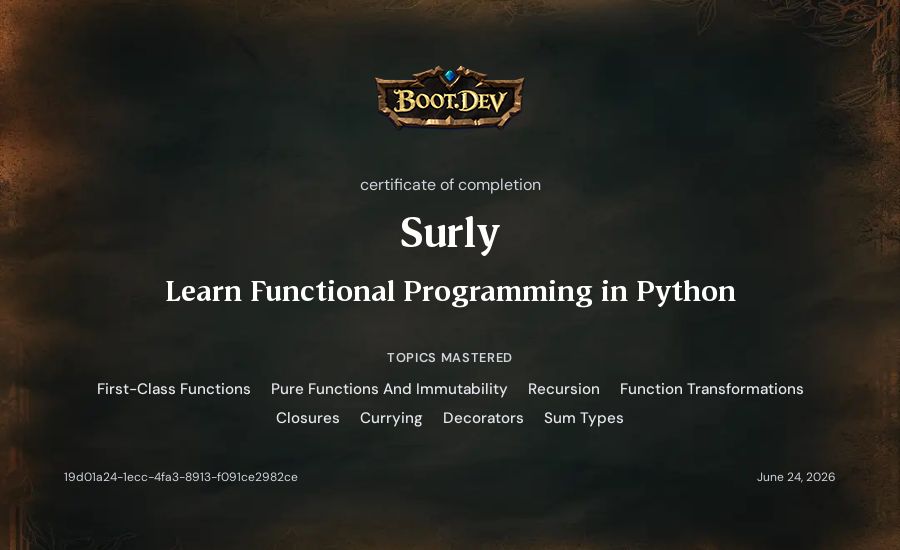 Surly's Boot.dev Learn Functional Programming in Python certificate