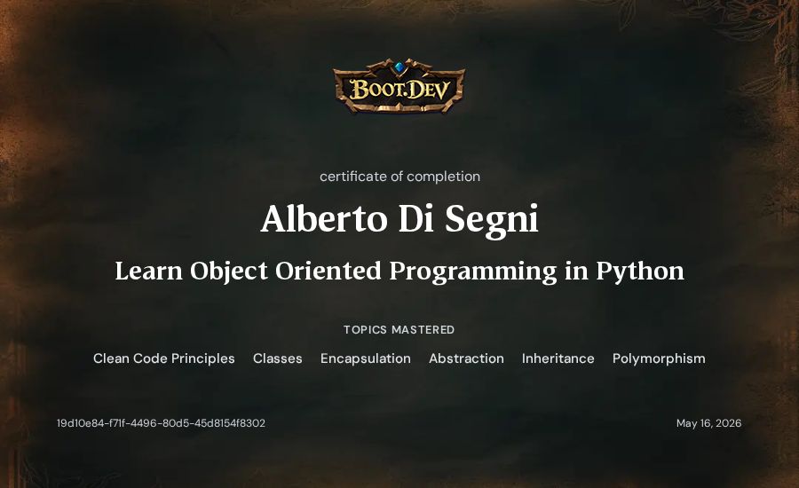Alberto Di Segni's Boot.dev Learn Object Oriented Programming in Python certificate