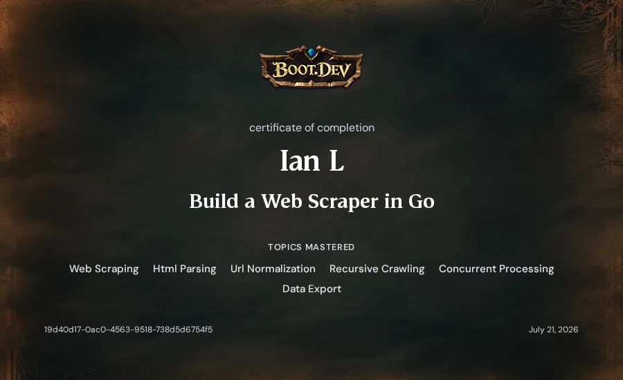 Ian L's Boot.dev Build a Web Scraper in Go certificate
