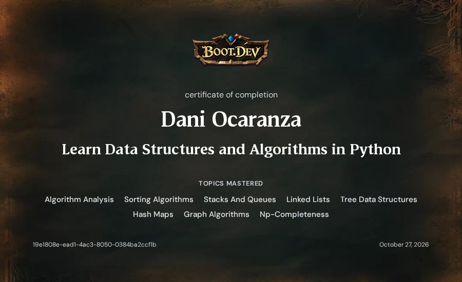 Dani Ocaranza's Boot.dev Learn Data Structures and Algorithms in Python certificate