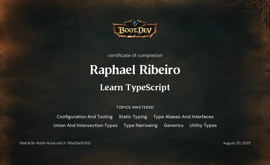 Raphael Ribeiro's Boot.dev Learn TypeScript certificate