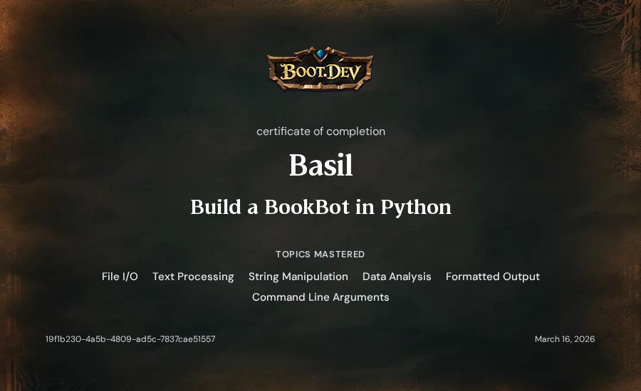 Basil's Boot.dev Build a BookBot in Python certificate