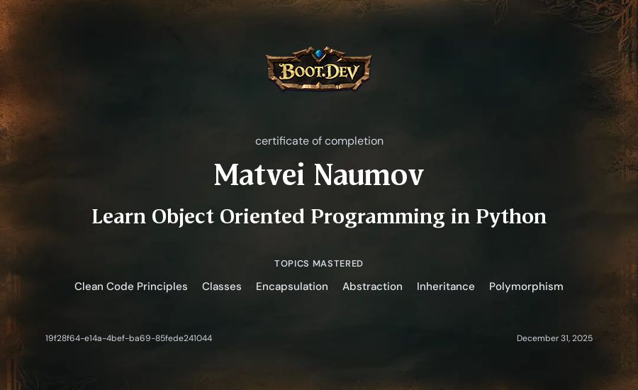 Matvei Naumov's Boot.dev Learn Object Oriented Programming in Python certificate