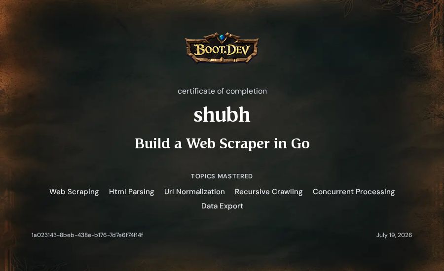 shubh's Boot.dev Build a Web Scraper in Go certificate