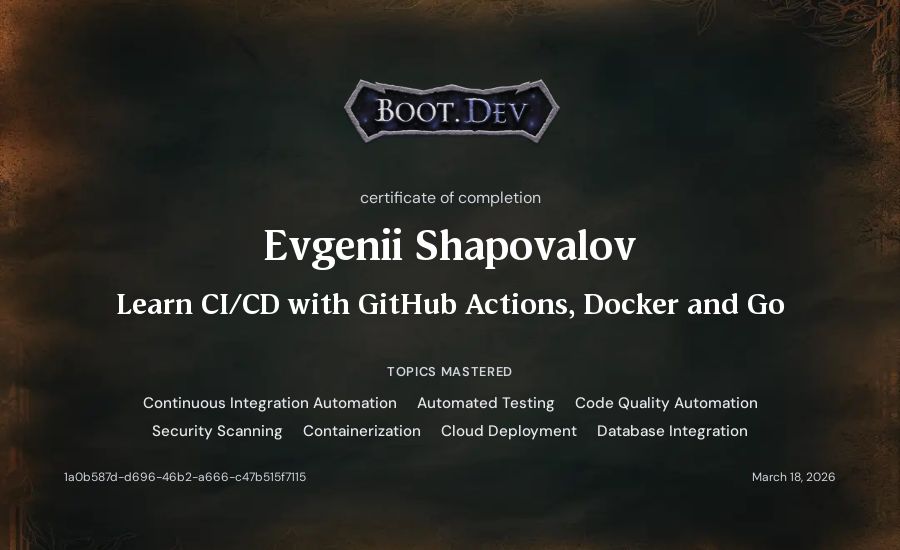 Evgenii Shapovalov's Boot.dev Learn CI/CD with GitHub Actions, Docker and Go certificate
