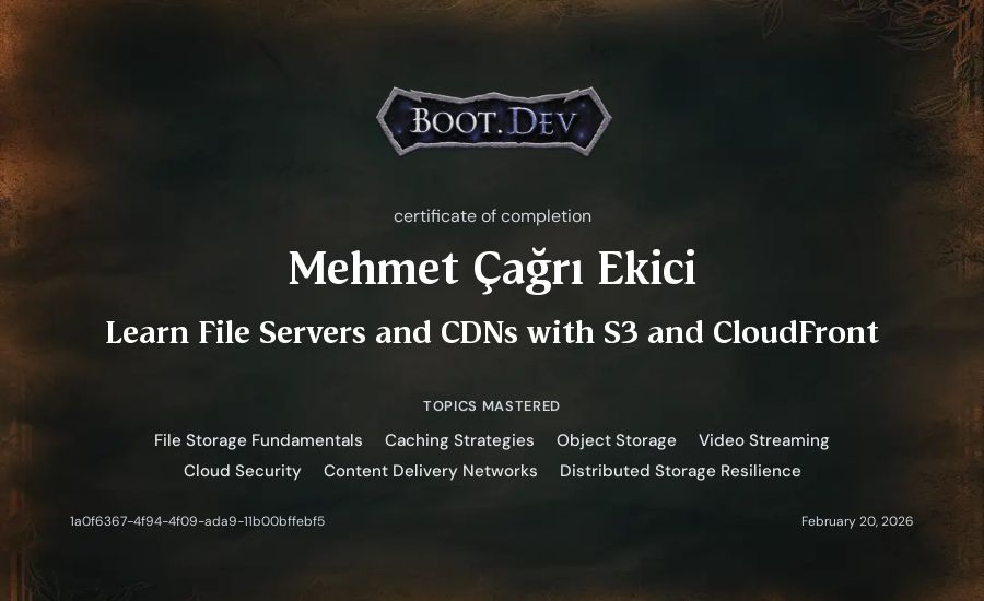 Mehmet Çağrı Ekici's Boot.dev Learn File Servers and CDNs with S3 and CloudFront certificate