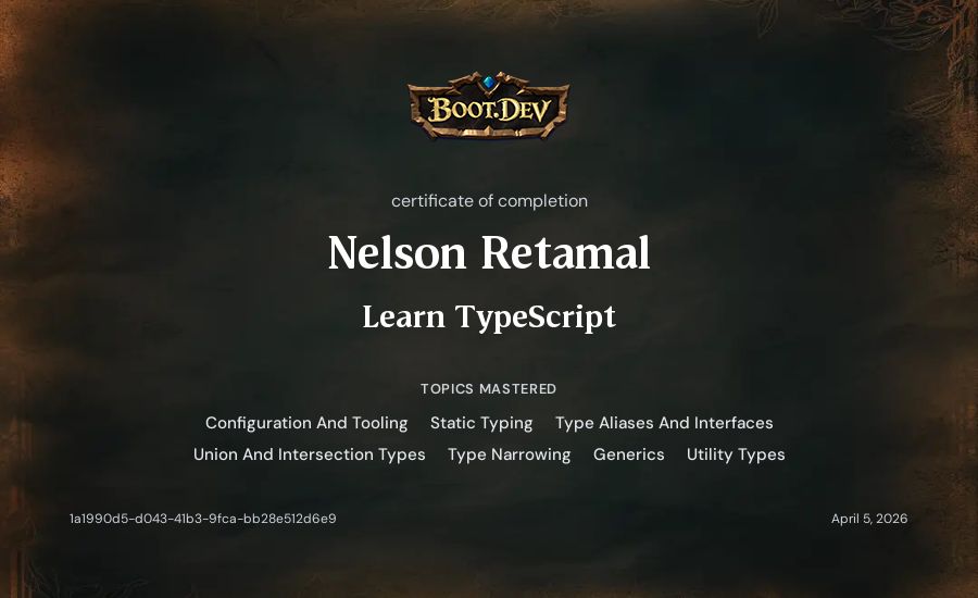 Nelson Retamal's Boot.dev Learn TypeScript certificate