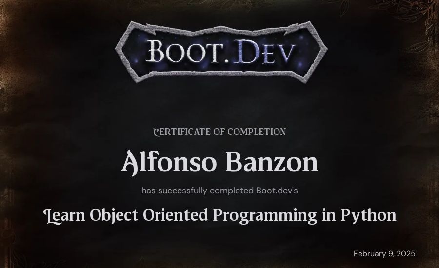 Alfonso Banzon's Boot.dev Learn Object Oriented Programming in Python certificate