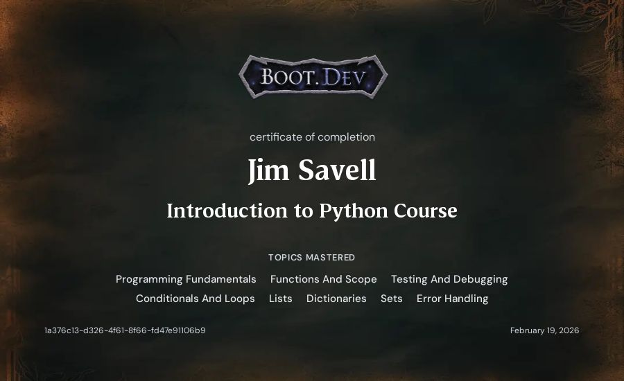 Jim Savell's Boot.dev Introduction to Python Course certificate