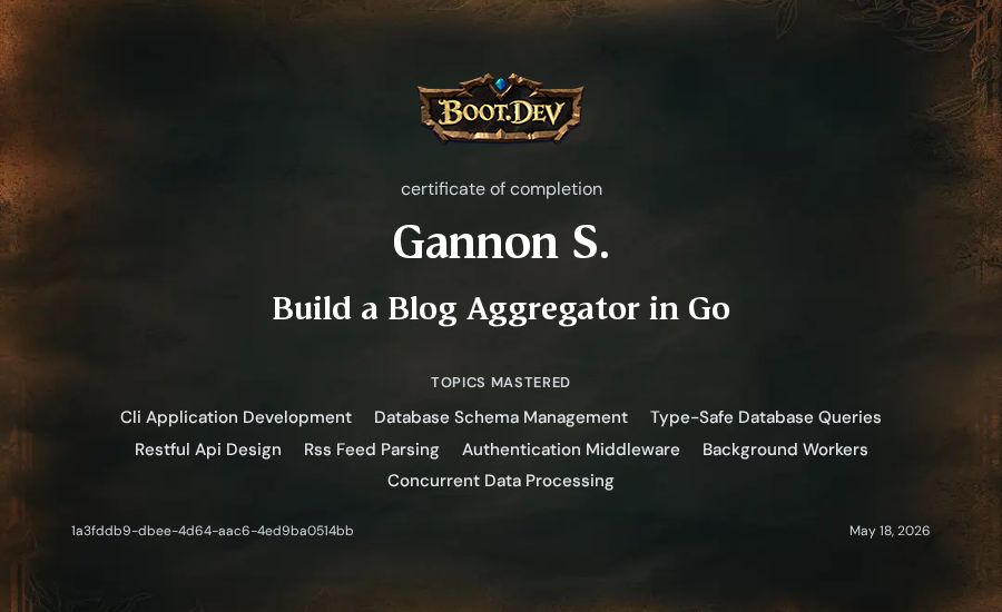 Gannon S.'s Boot.dev Build a Blog Aggregator in Go certificate