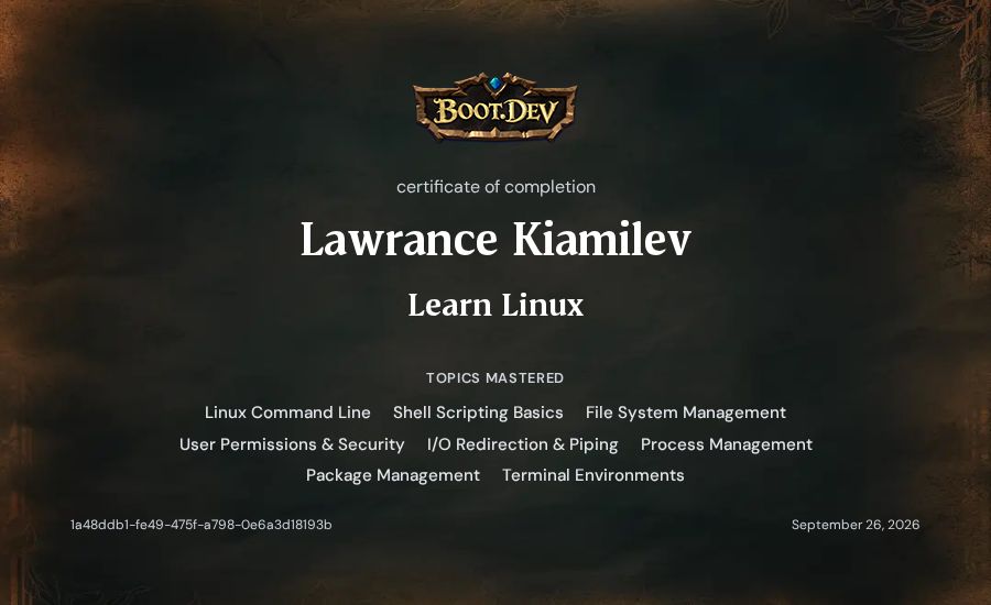 Lawrance Kiamilev's Boot.dev Learn Linux certificate