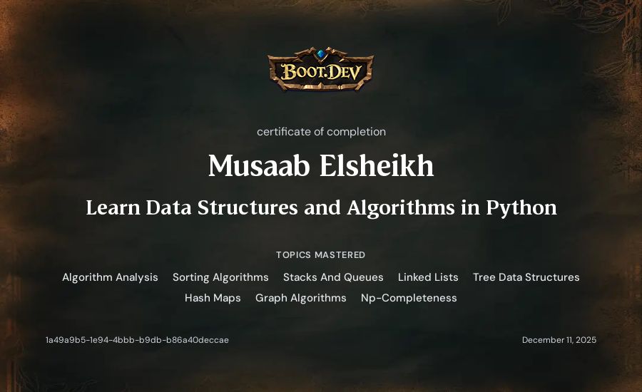 Musaab Elsheikh's Boot.dev Learn Data Structures and Algorithms in Python certificate