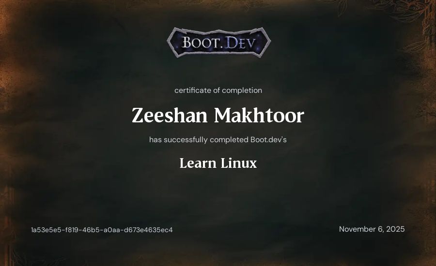Zeeshan Makhtoor's Boot.dev Learn Linux certificate