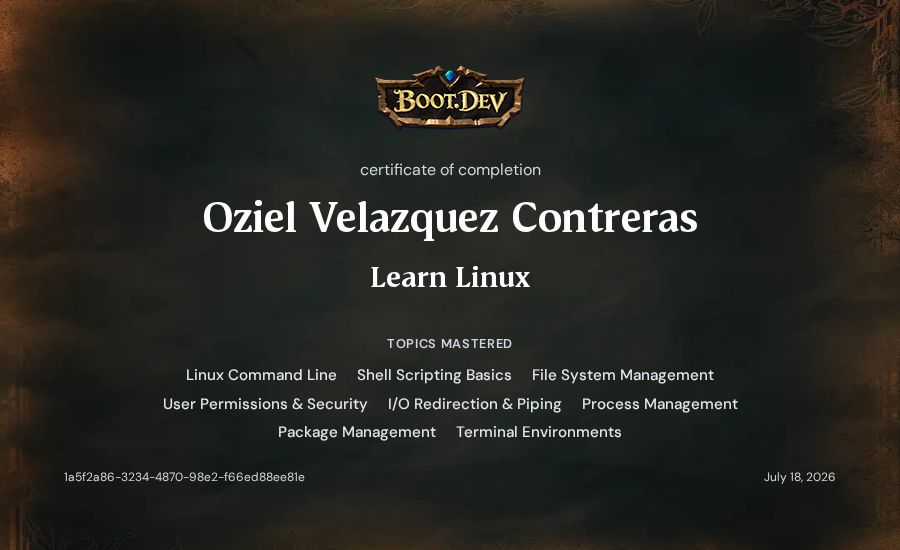 Oziel Velazquez Contreras's Boot.dev Learn Linux certificate