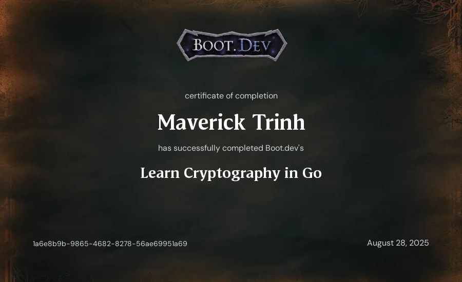 Maverick Trinh's Boot.dev Learn Cryptography in Go certificate