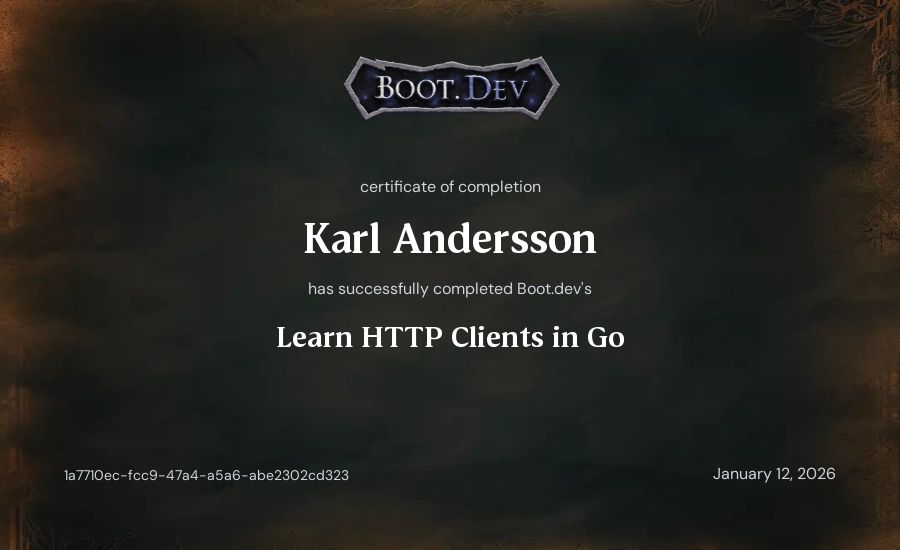 Karl OA's Boot.dev Learn HTTP Clients in Go certificate