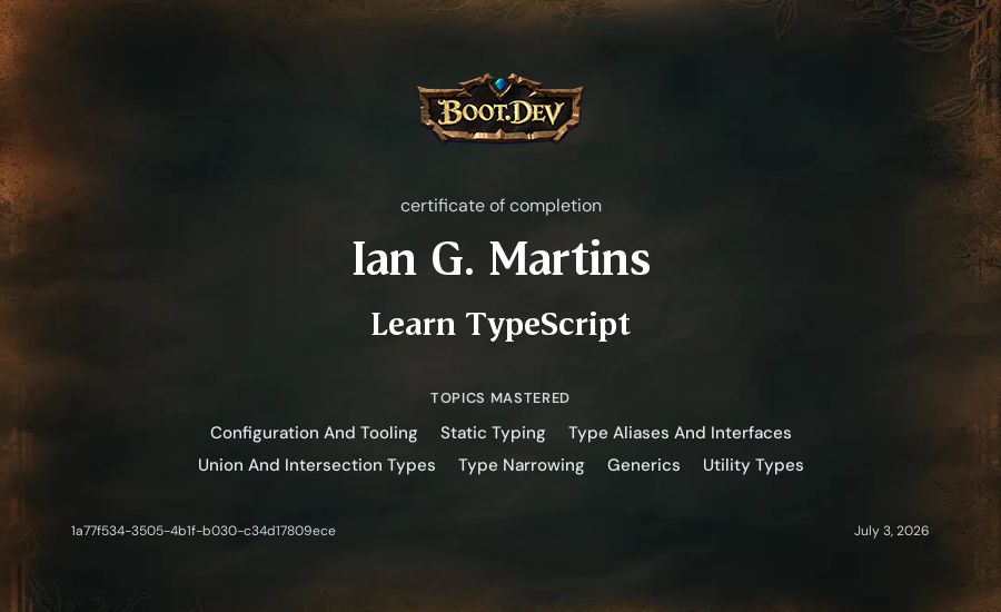 Ian G. Martins's Boot.dev Learn TypeScript certificate