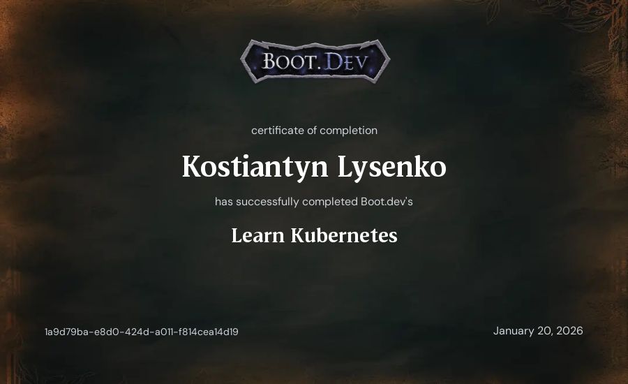 Kostiantyn Lysenko's Boot.dev Learn Kubernetes certificate