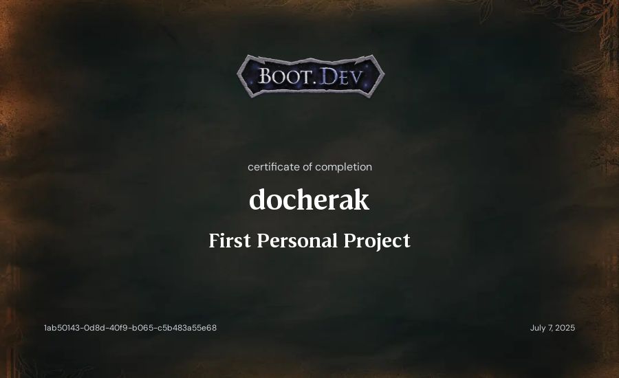 docherak's Boot.dev First Personal Project certificate