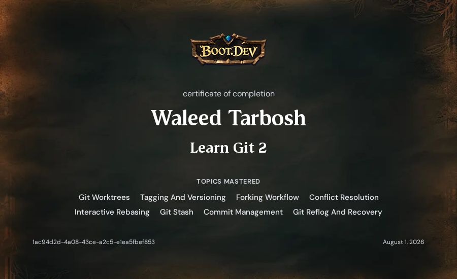 Waleed Tarbosh's Boot.dev Learn Git 2 certificate