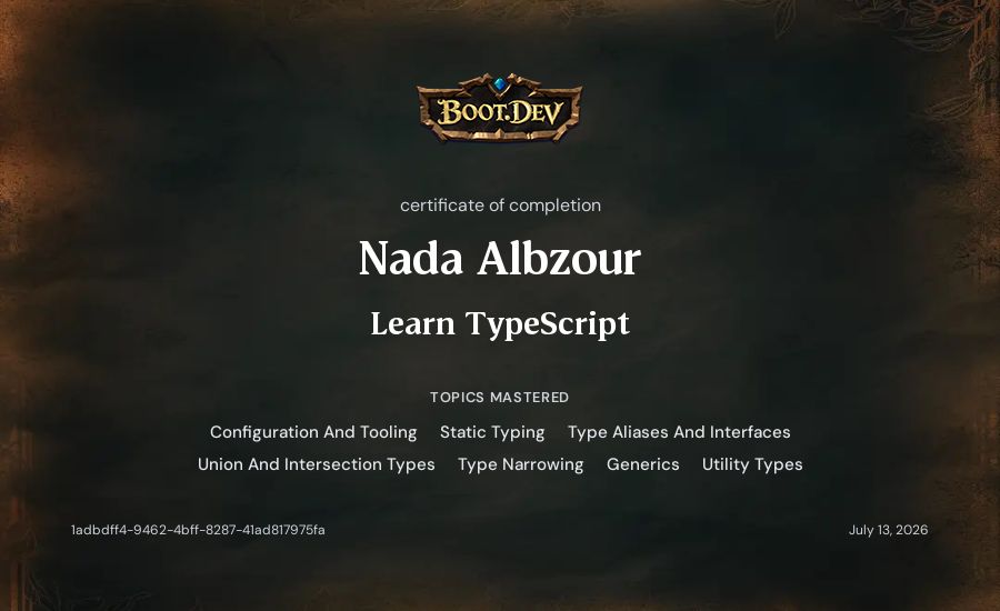 Nada Albzour's Boot.dev Learn TypeScript certificate