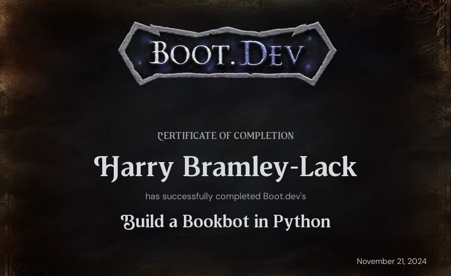 Harry B-L's Boot.dev Build a BookBot in Python certificate