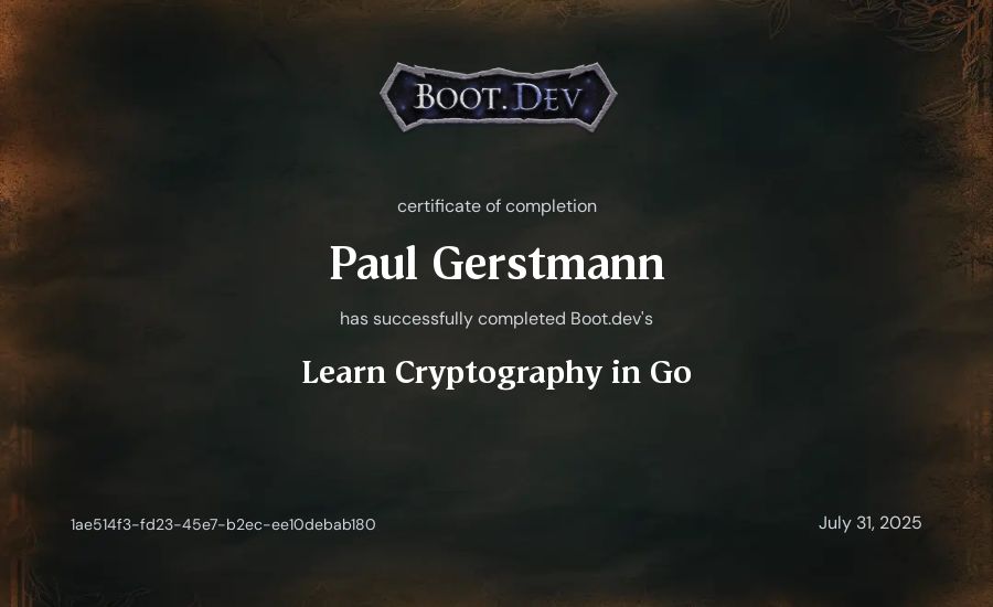 Paul Gerstmann's Boot.dev Learn Cryptography in Go certificate