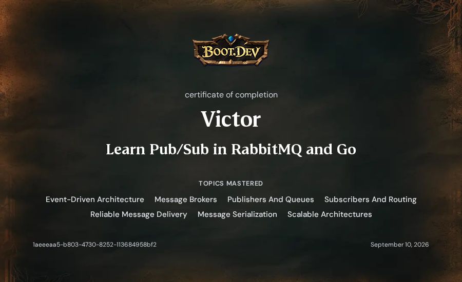 Victor's Boot.dev Learn Pub/Sub in RabbitMQ and Go certificate