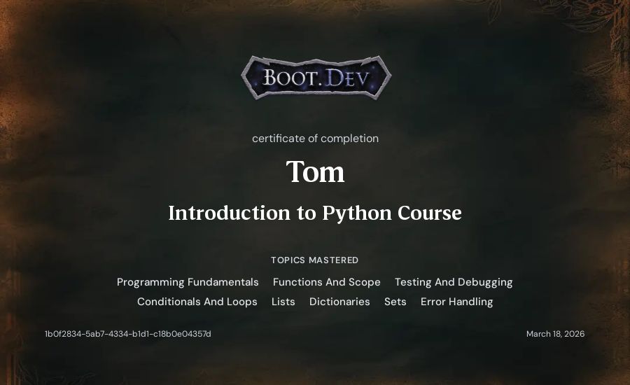 Tom's Boot.dev Introduction to Python Course certificate