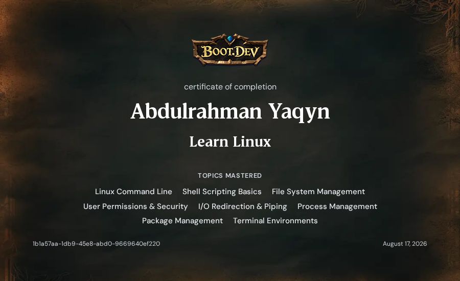 Abdulrahman Yaqyn's Boot.dev Learn Linux certificate