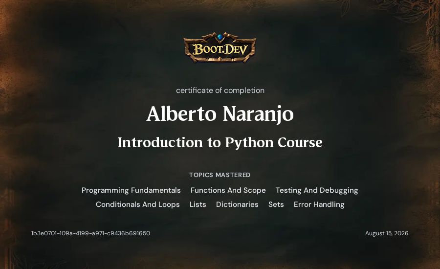 Alberto Naranjo's Boot.dev Introduction to Python Course certificate