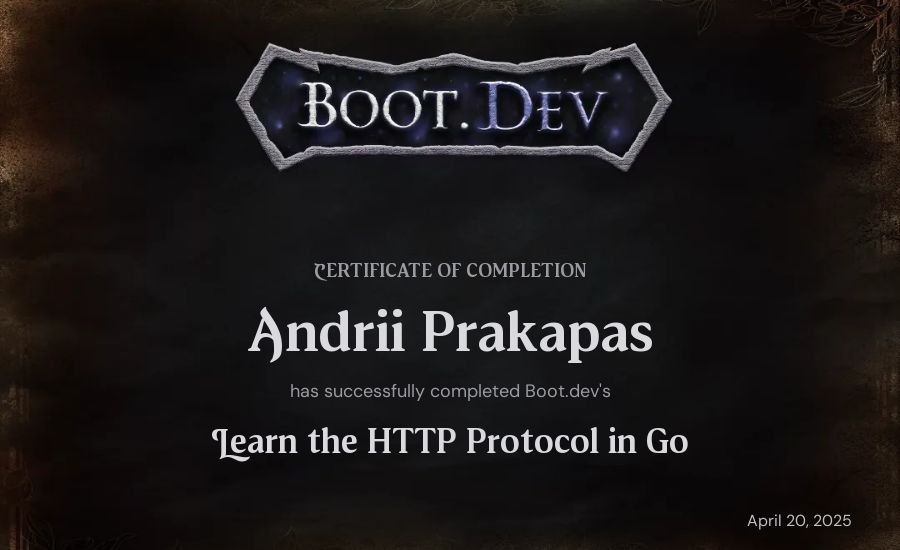 Andrii Prakapas's Boot.dev Learn the HTTP Protocol in Go certificate