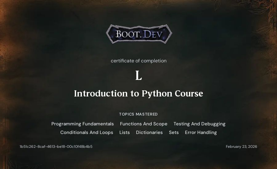L's Boot.dev Introduction to Python Course certificate