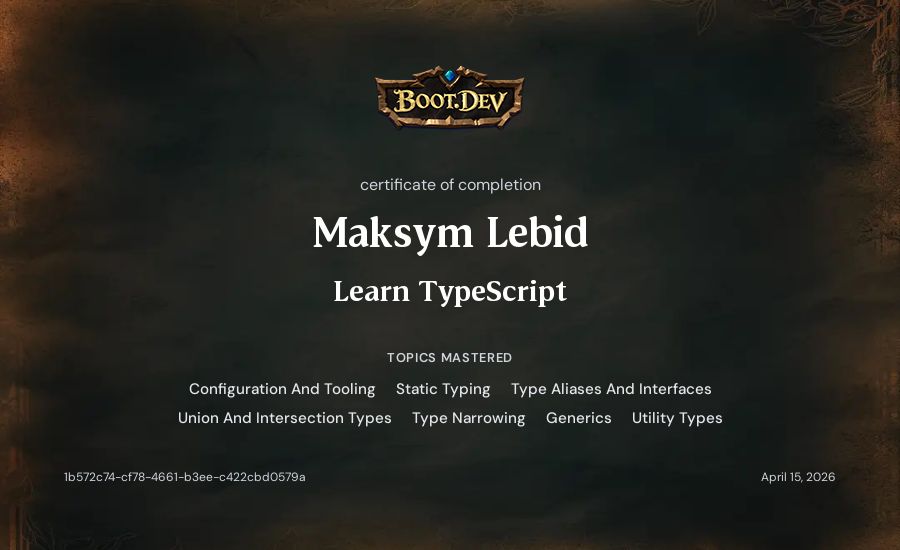 Maksym Lebid's Boot.dev Learn TypeScript certificate