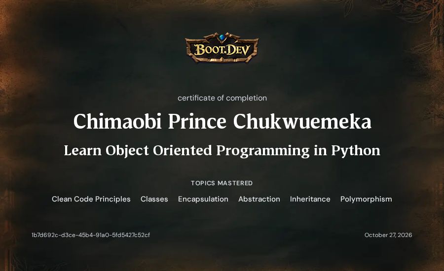 Chimaobi Prince Chukwuemeka's Boot.dev Learn Object Oriented Programming in Python certificate