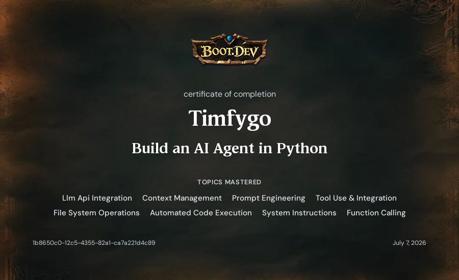 Timfygo's Boot.dev Build an AI Agent in Python certificate