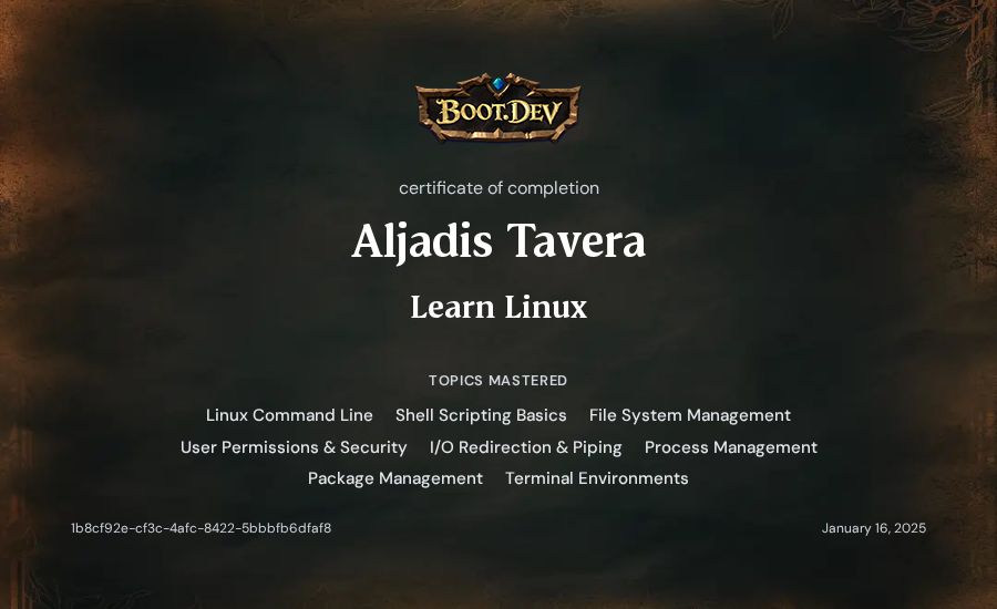 Aljadis Tavera's Boot.dev Learn Linux certificate