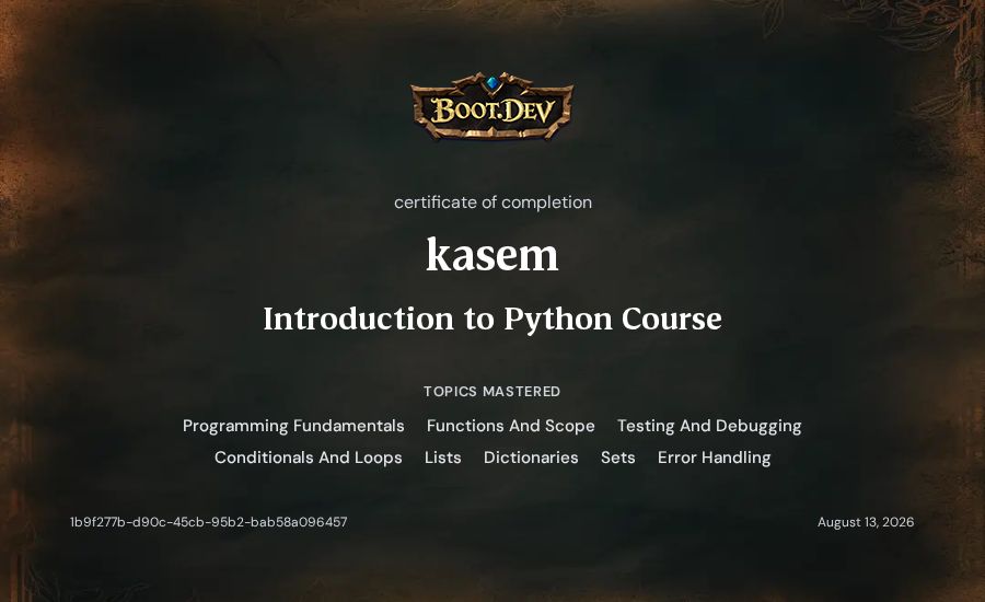 kasem's Boot.dev Introduction to Python Course certificate