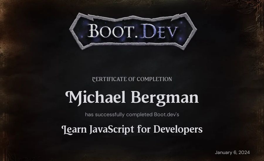 Michael Bergman's Boot.dev Learn JavaScript certificate