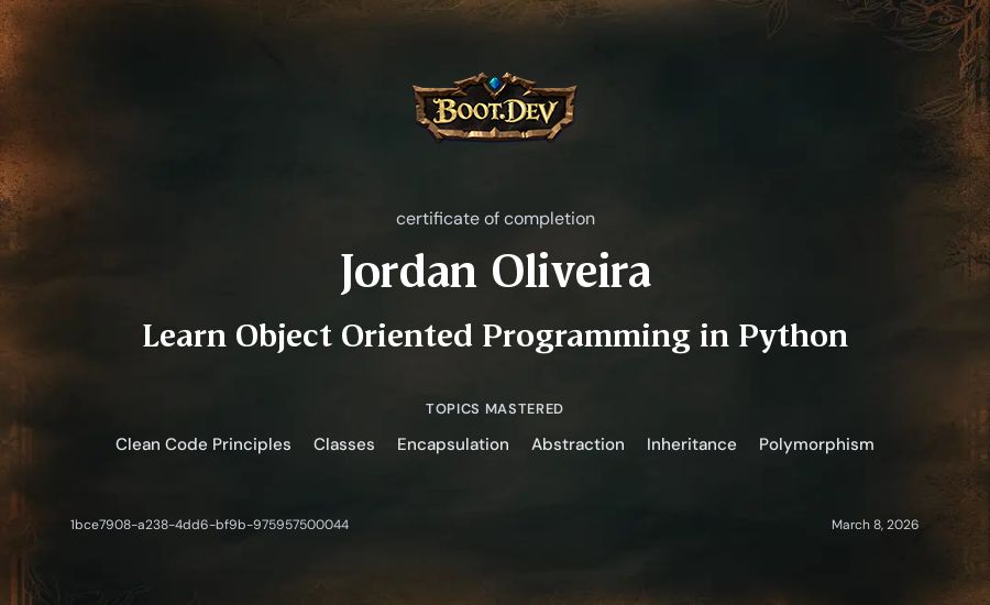 Jordan Oliveira's Boot.dev Learn Object Oriented Programming in Python certificate