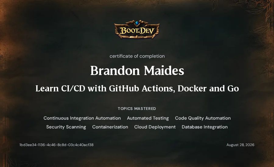 Brandon Maides's Boot.dev Learn CI/CD with GitHub Actions, Docker and Go certificate