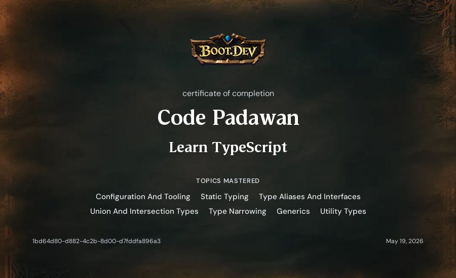 Code Padawan's Boot.dev Learn TypeScript certificate