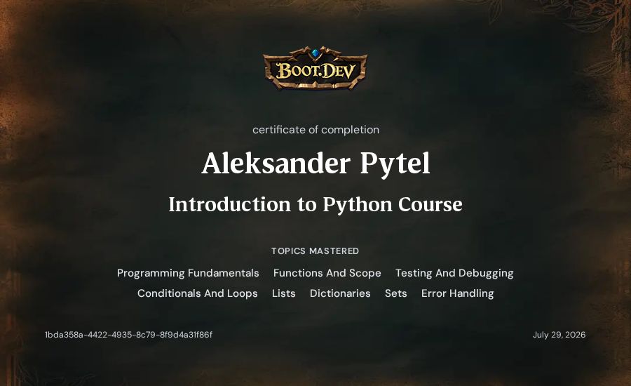 Aleksander Pytel's Boot.dev Introduction to Python Course certificate