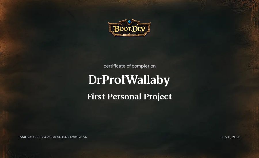 DrProfWallaby's Boot.dev First Personal Project certificate