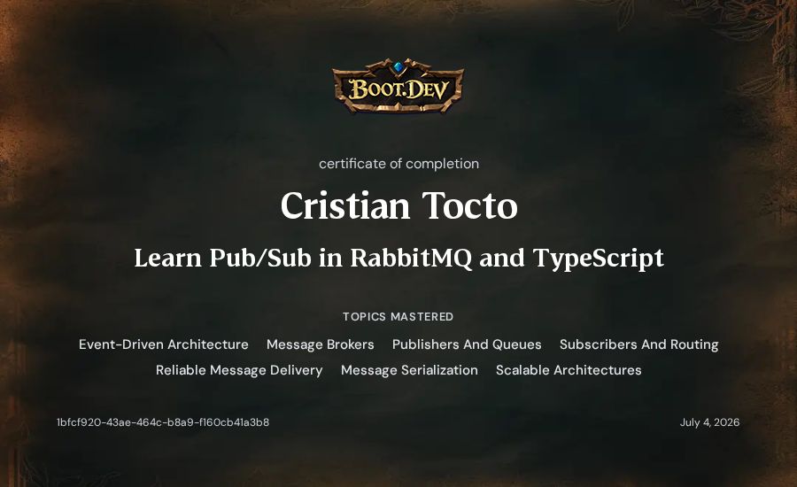 Cristian Tocto's Boot.dev Learn Pub/Sub in RabbitMQ and TypeScript certificate